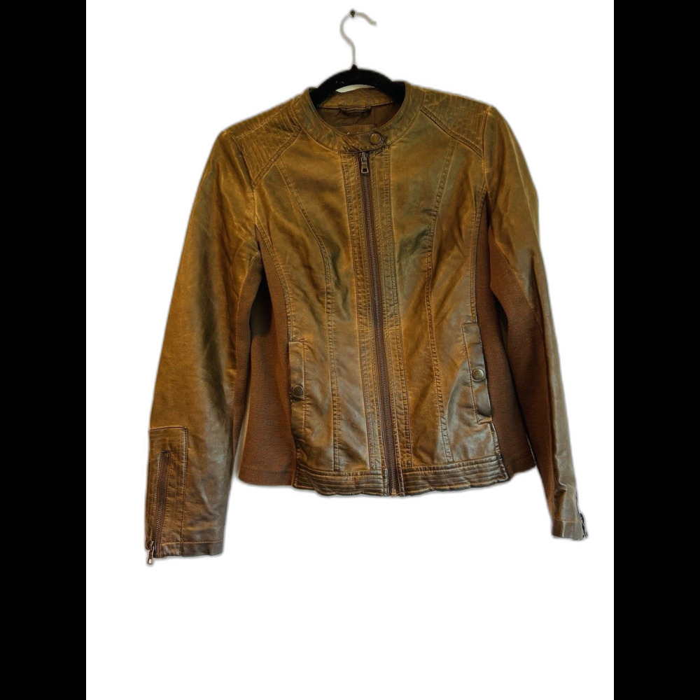 Sebby Vegan Leather Women’s S Caramel Moto Jacket Stretch Sides/Arms Zip up